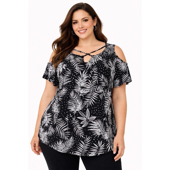 Catherines Tops - Catherines 3X 26/28W Black White‎ Tropical Palm Print Cold Shoulder Blouse